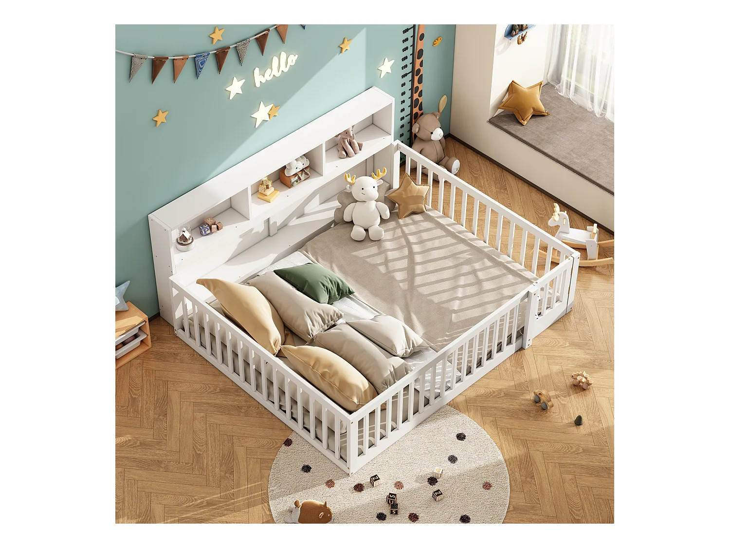 Sofá cama infantil 140x200 cm madera con almacenaje y barandilla blanca