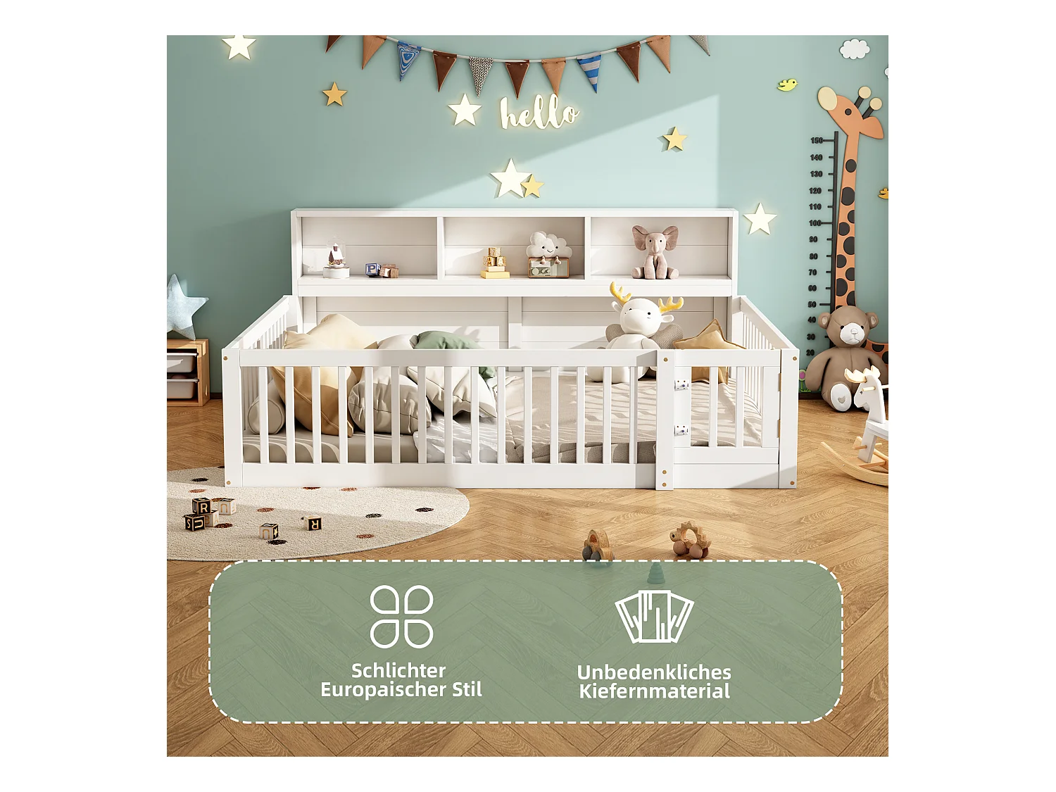 Sofá cama infantil 140x200 cm madera con almacenaje y barandilla blanca