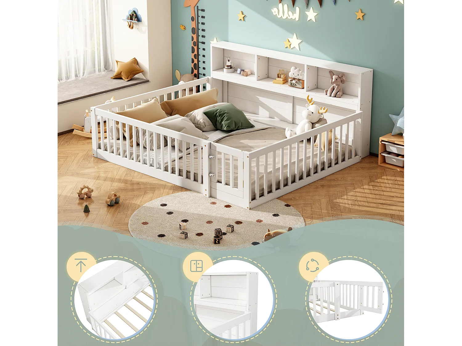 Divanetto illuminato per bambini 140x200 cm bois avec rangements et garde-corps blanc