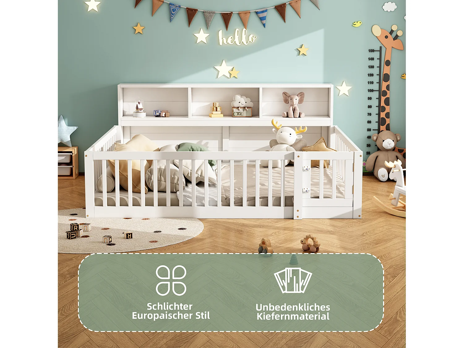 Divanetto illuminato per bambini 140x200 cm bois avec rangements et garde-corps blanc