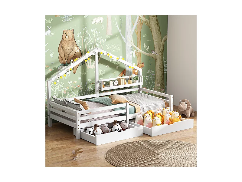 Cabane enfant illuminata 90x200 cm pin massif blanc con étagère et 2 tiroirs de rangement