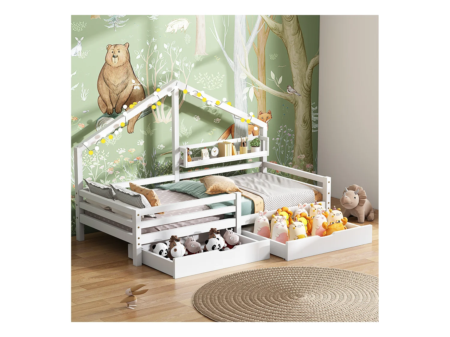 Cabane enfant illuminata 90x200 cm pin massif blanc con étagère et 2 tiroirs de rangement
