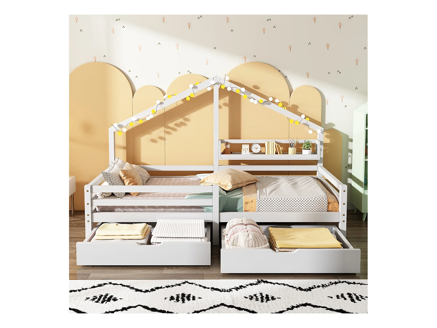 Cabane enfant illuminata 90x200 cm pin massif blanc con étagère et 2 tiroirs de rangement