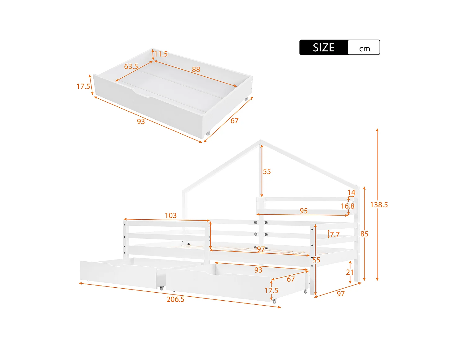 Cabane enfant illuminata 90x200 cm pin massif blanc con étagère et 2 tiroirs de rangement