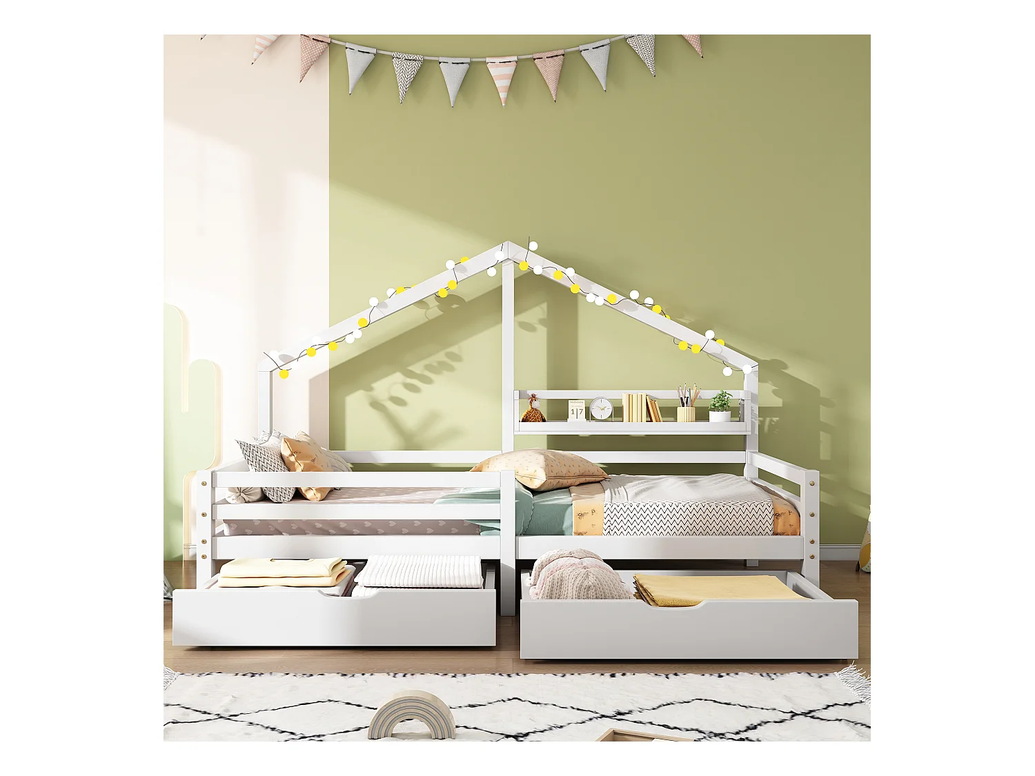 Cabane enfant illuminata 90x200 cm pin massif blanc con étagère et 2 tiroirs de rangement