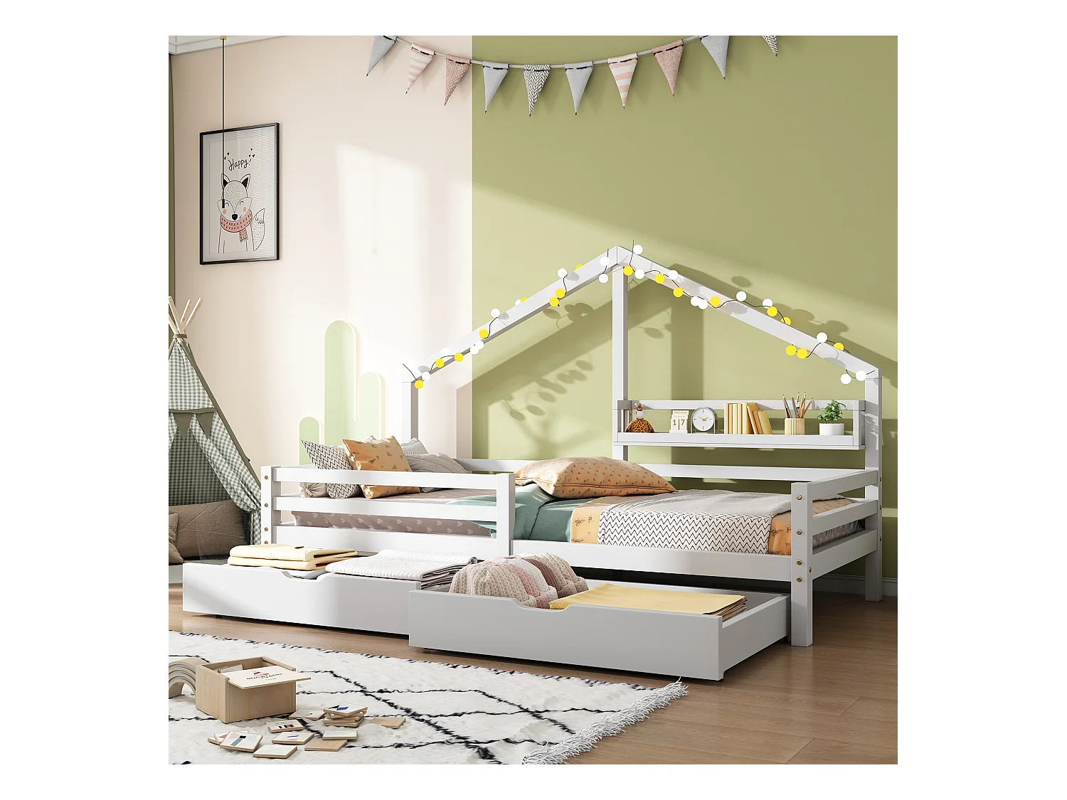 Cabane enfant illuminata 90x200 cm pin massif blanc con étagère et 2 tiroirs de rangement
