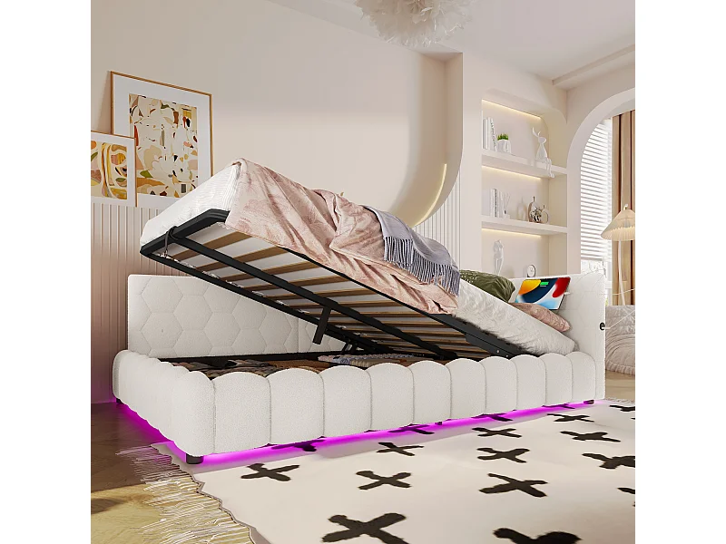Sofá-cama Vlies 140x200 cm, sofá-cama, LED multicolorido, armazenamento hidráulico, USB/Tipo C, branco