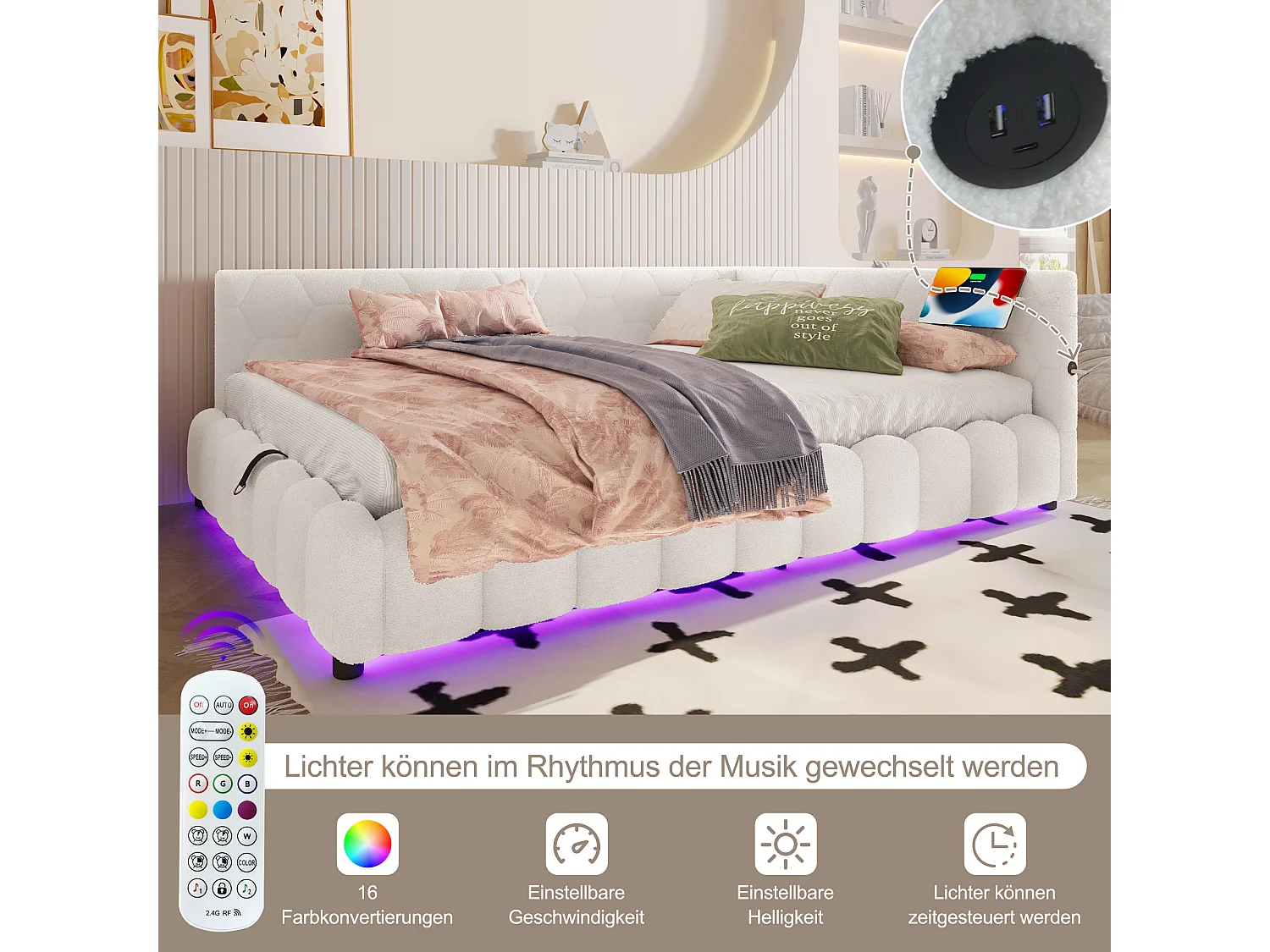 Sofá cama Vlies 140x200 cm, convertible, LED multicolor, almacenaje hidráulico, USB/Tipo C, blanco