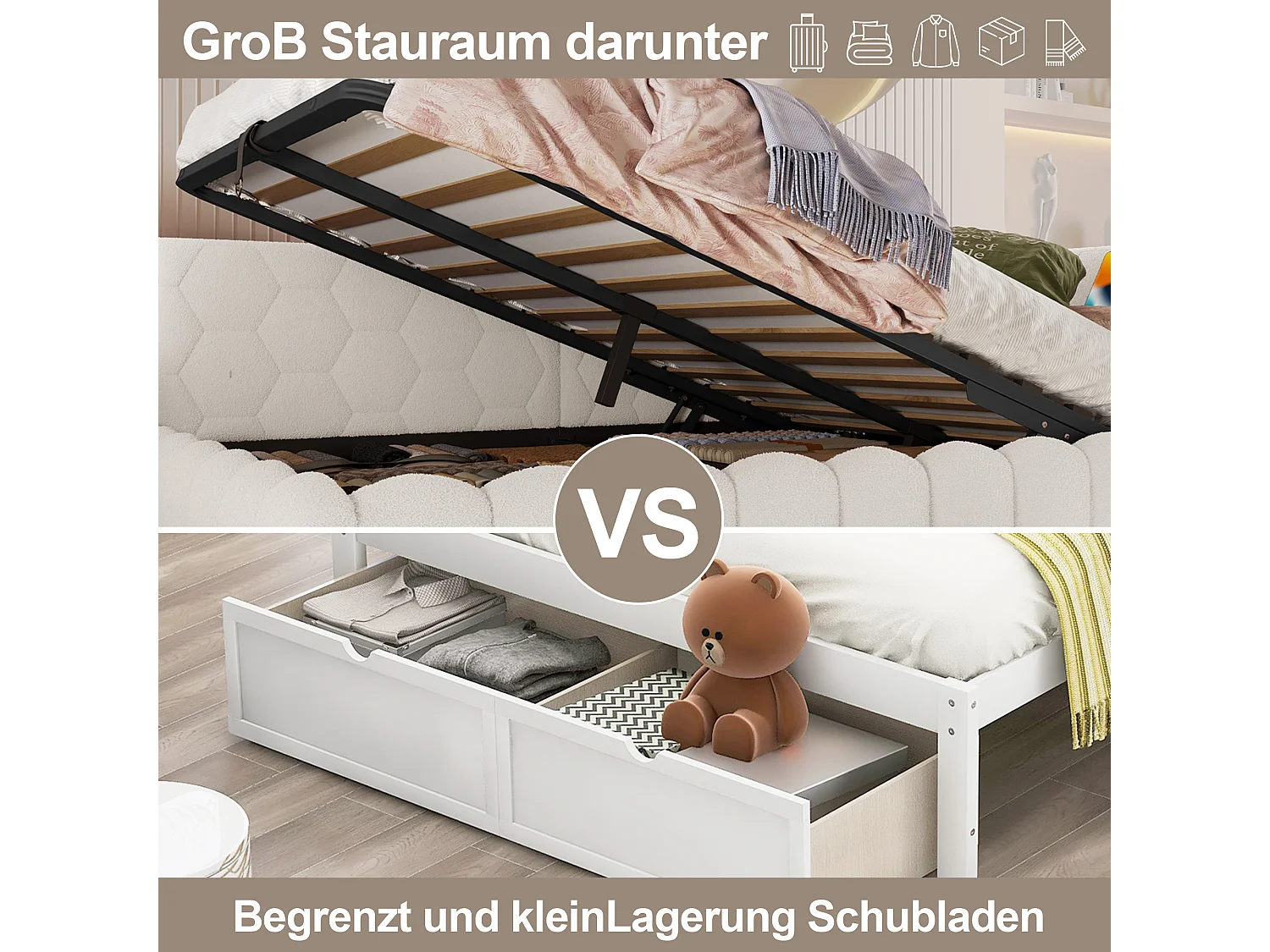 Sofá cama Vlies 140x200 cm, convertible, LED multicolor, almacenaje hidráulico, USB/Tipo C, blanco