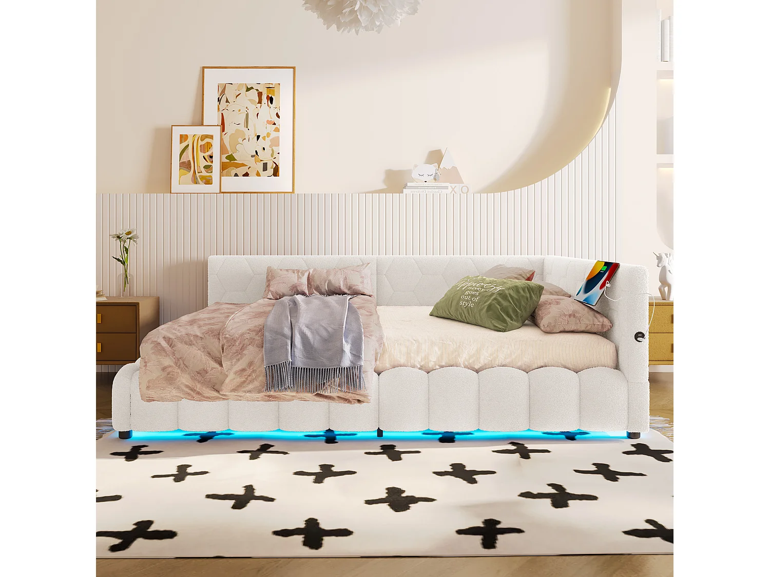 Sofá cama Vlies 140x200 cm, convertible, LED multicolor, almacenaje hidráulico, USB/Tipo C, blanco