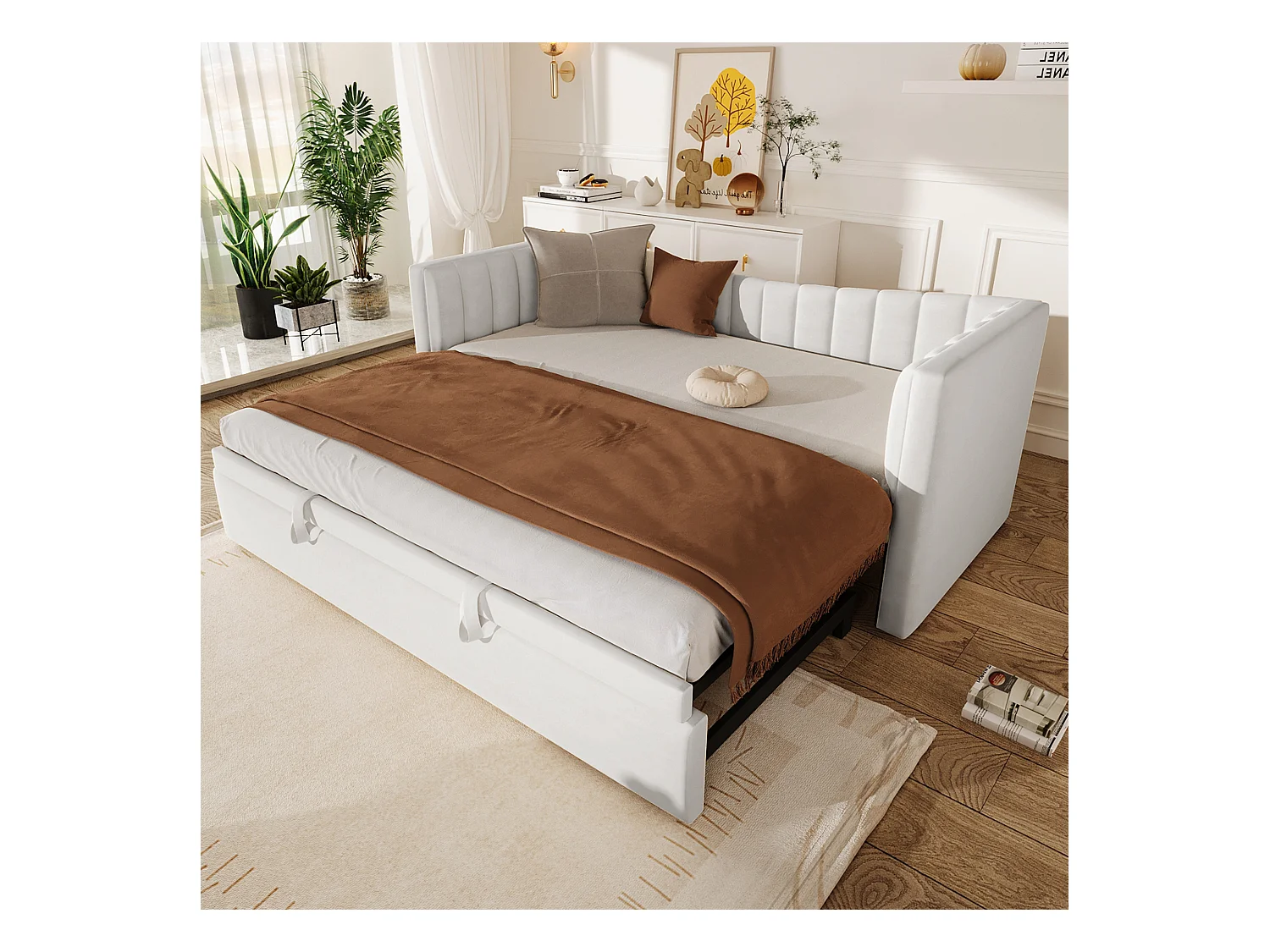 Sofá-cama 90x200cm veludo branco com cama de rodízio conversível para 180x200cm