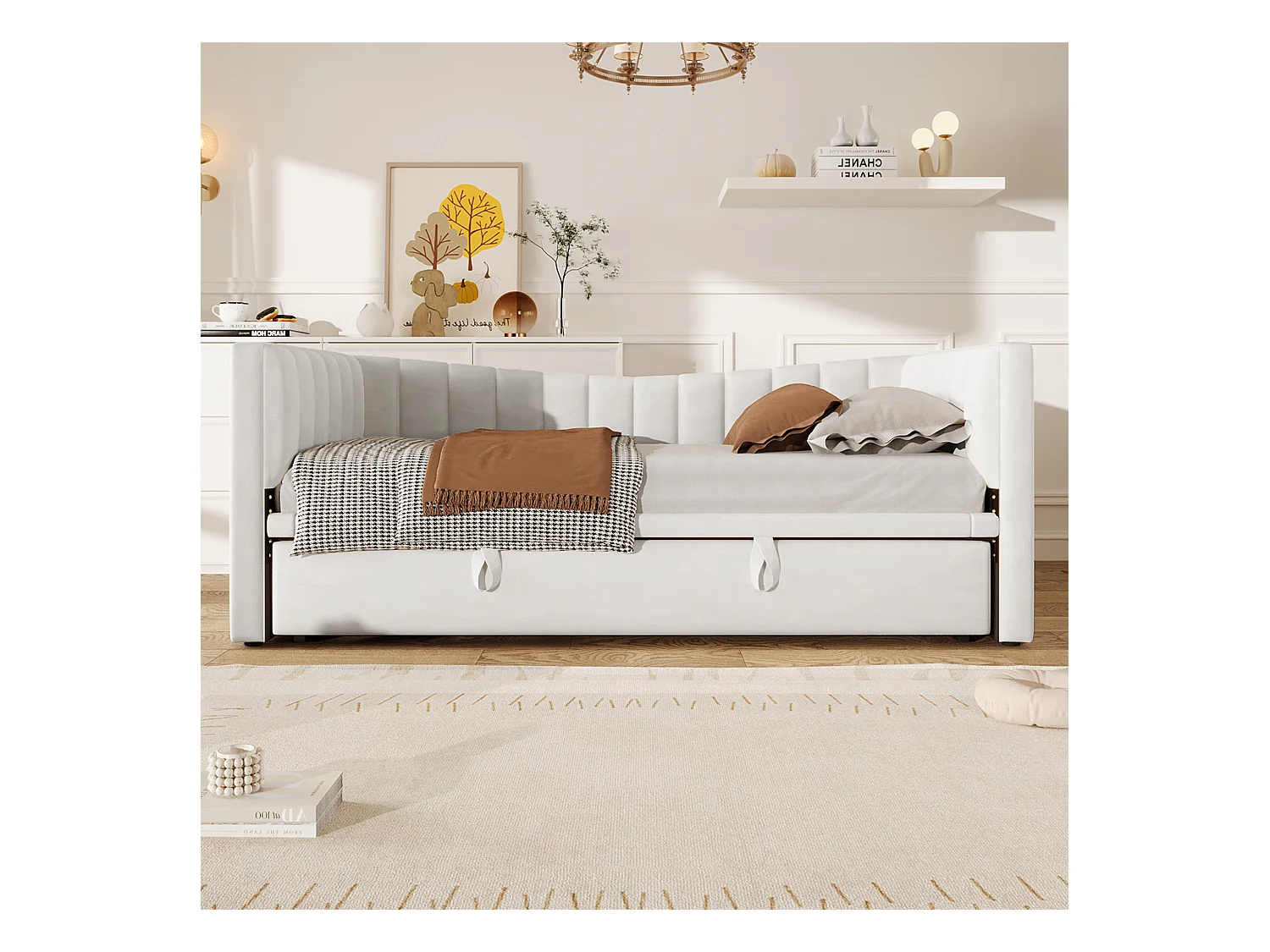 Sofá-cama 90x200cm veludo branco com cama de rodízio conversível para 180x200cm