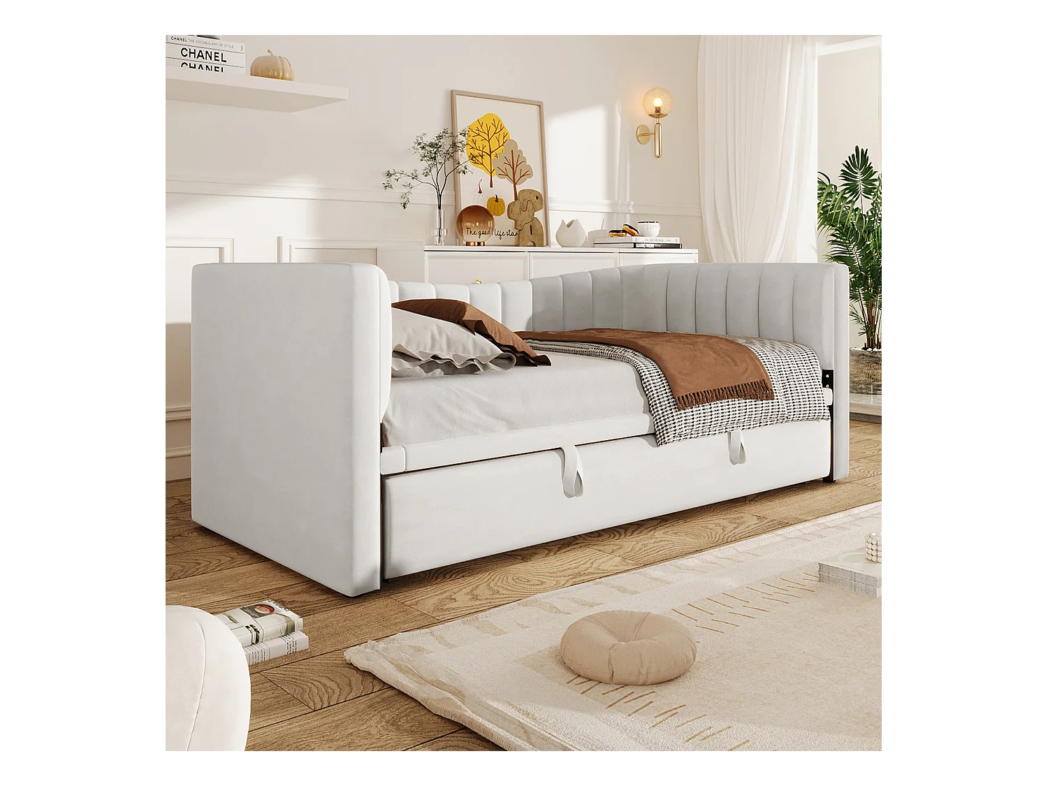 Sofá-cama 90x200cm veludo branco com cama de rodízio conversível para 180x200cm