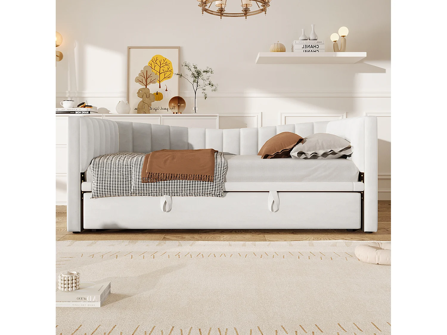 Canapé-lit 90x200cm velours blanc avec lit gigogne convertible en 180x200cm