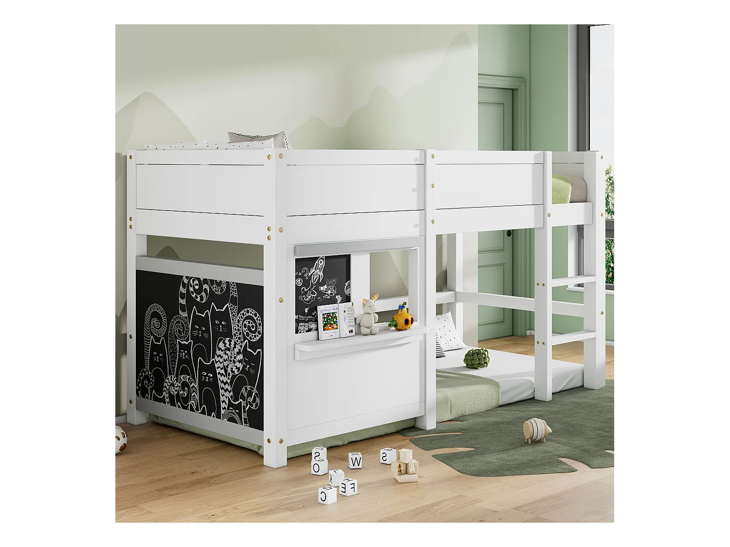 Cama infantil cabina 90x200 cm madera de pino blanco con estante de pizarra y escalera de seguridad