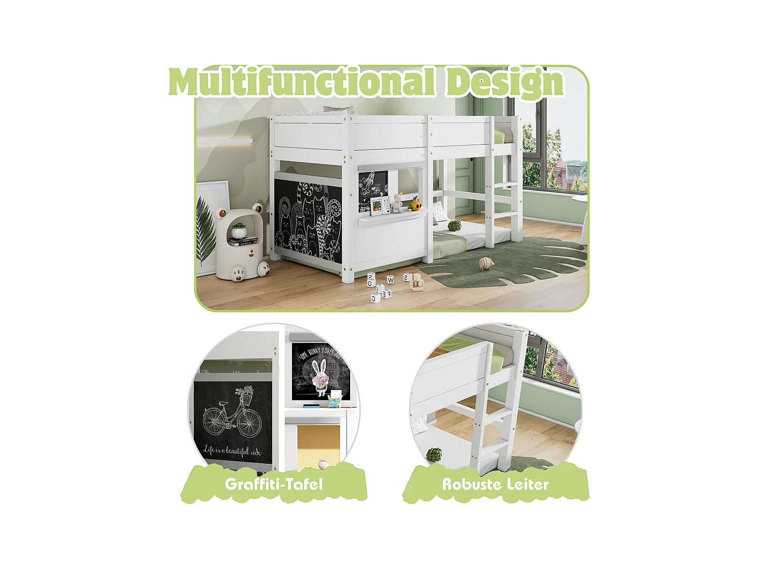 Cama infantil cabina 90x200 cm madera de pino blanco con estante de pizarra y escalera de seguridad