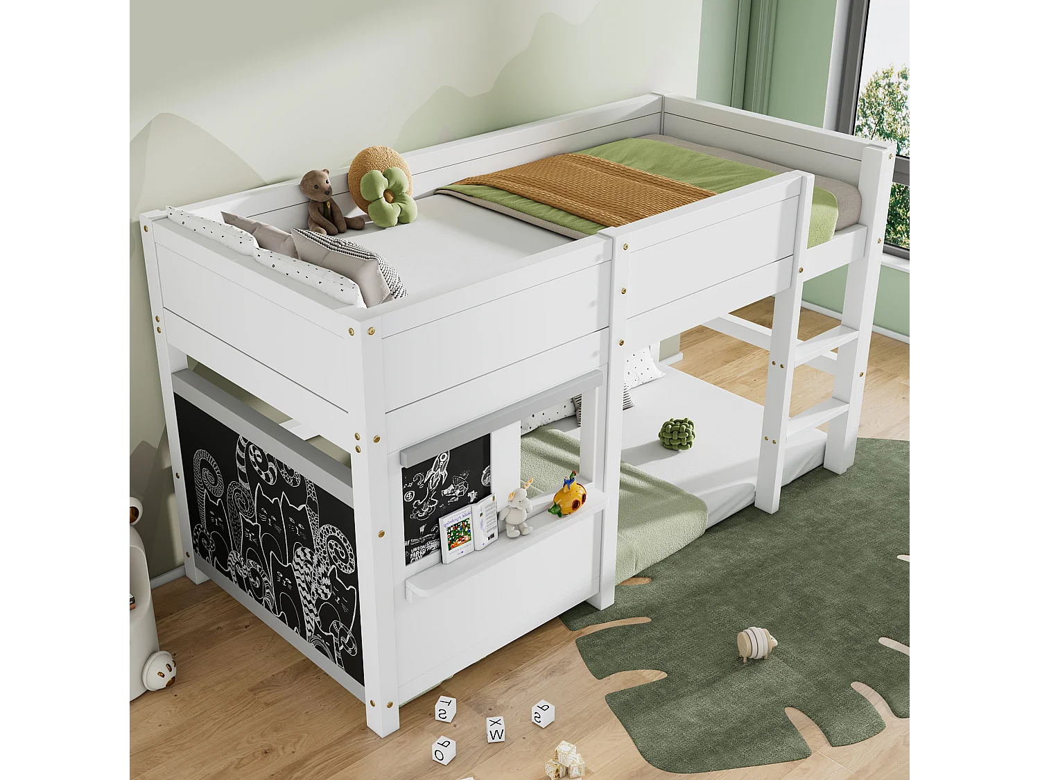 Cama infantil cabina 90x200 cm madera de pino blanco con estante de pizarra y escalera de seguridad
