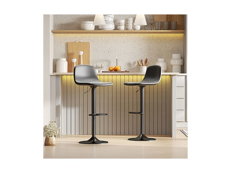 Conjunto de 2 bancos de bar em couro sintético preto, giratórios e ajustáveis, com encosto e apoio para os pés