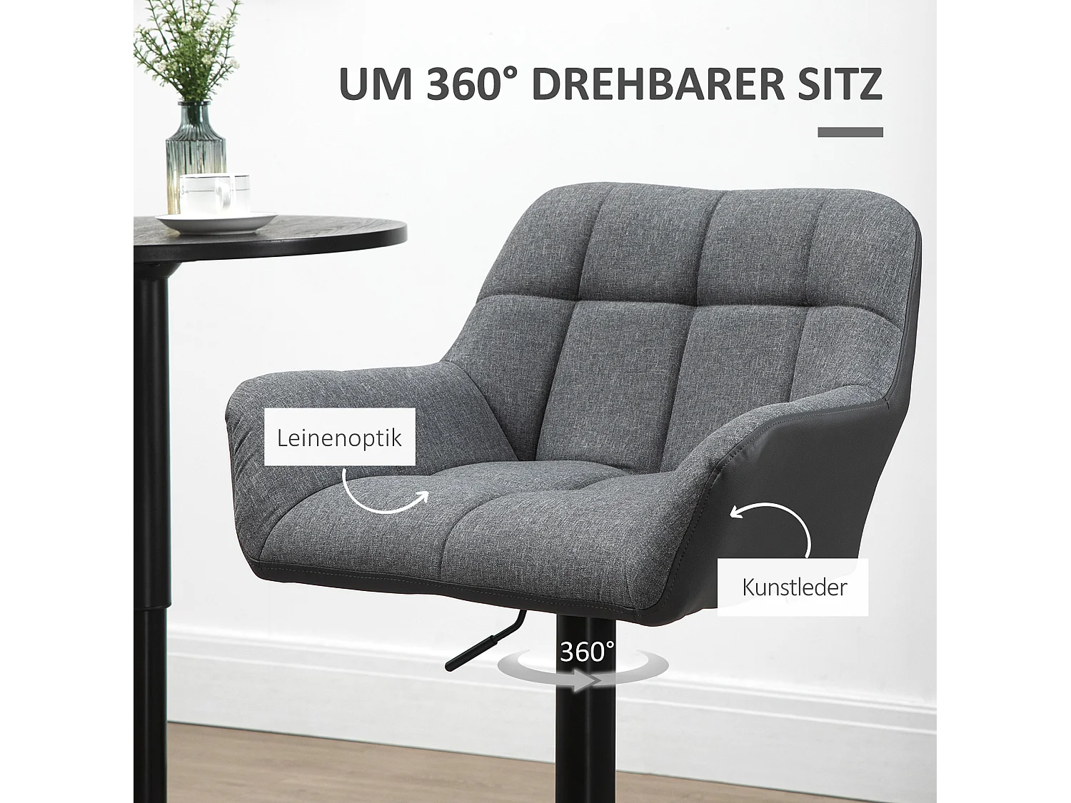 2 taburetes de bar giratorios ajustables de tela efecto lino con respaldo para cocina, color gris, 114 cm