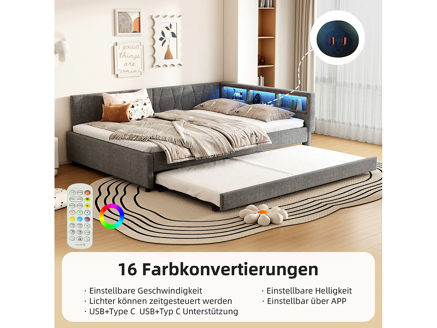 Sofá-cama 140x200cm em linho cinza com LED com controle remoto, USB/Tipo C e cama dobrável