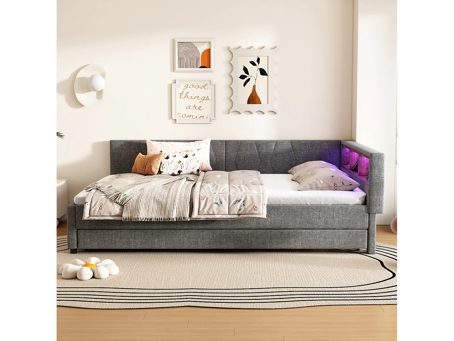 Sofá-cama 140x200cm em linho cinza com LED com controle remoto, USB/Tipo C e cama dobrável