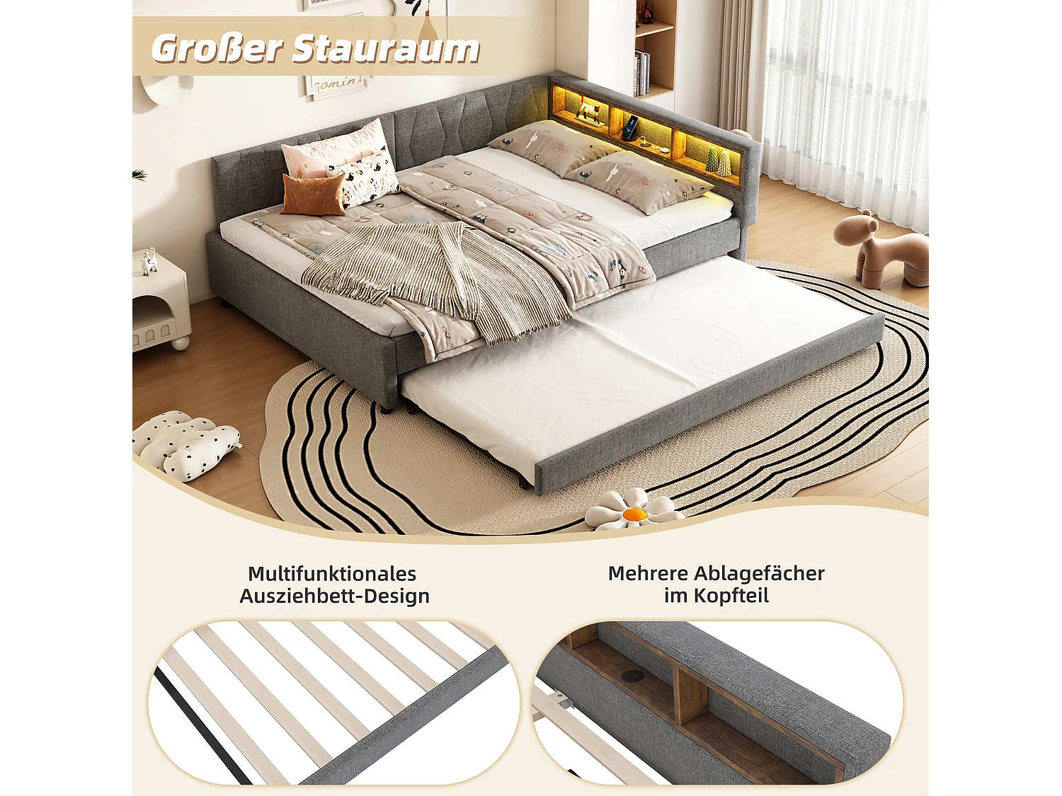 Sofá-cama 140x200cm em linho cinza com LED com controle remoto, USB/Tipo C e cama dobrável