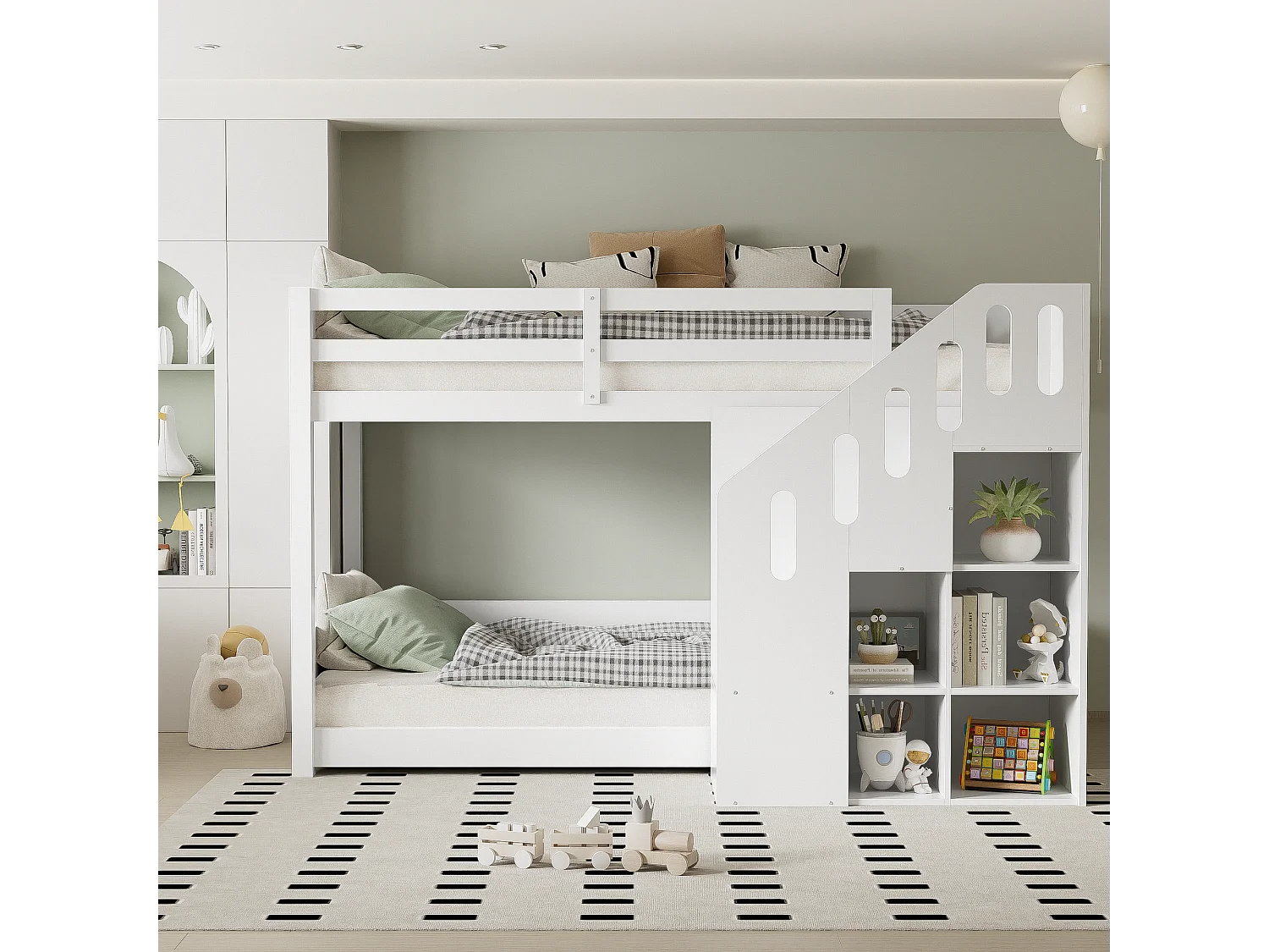 Litera infantil de madera maciza con escalera de almacenaje y barandillas de seguridad 90x200 blanca
