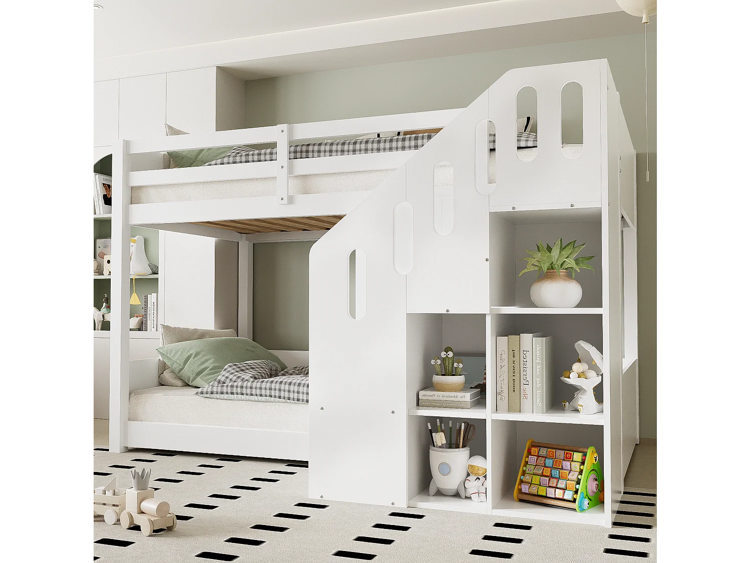 Litera infantil de madera maciza con escalera de almacenaje y barandillas de seguridad 90x200 blanca