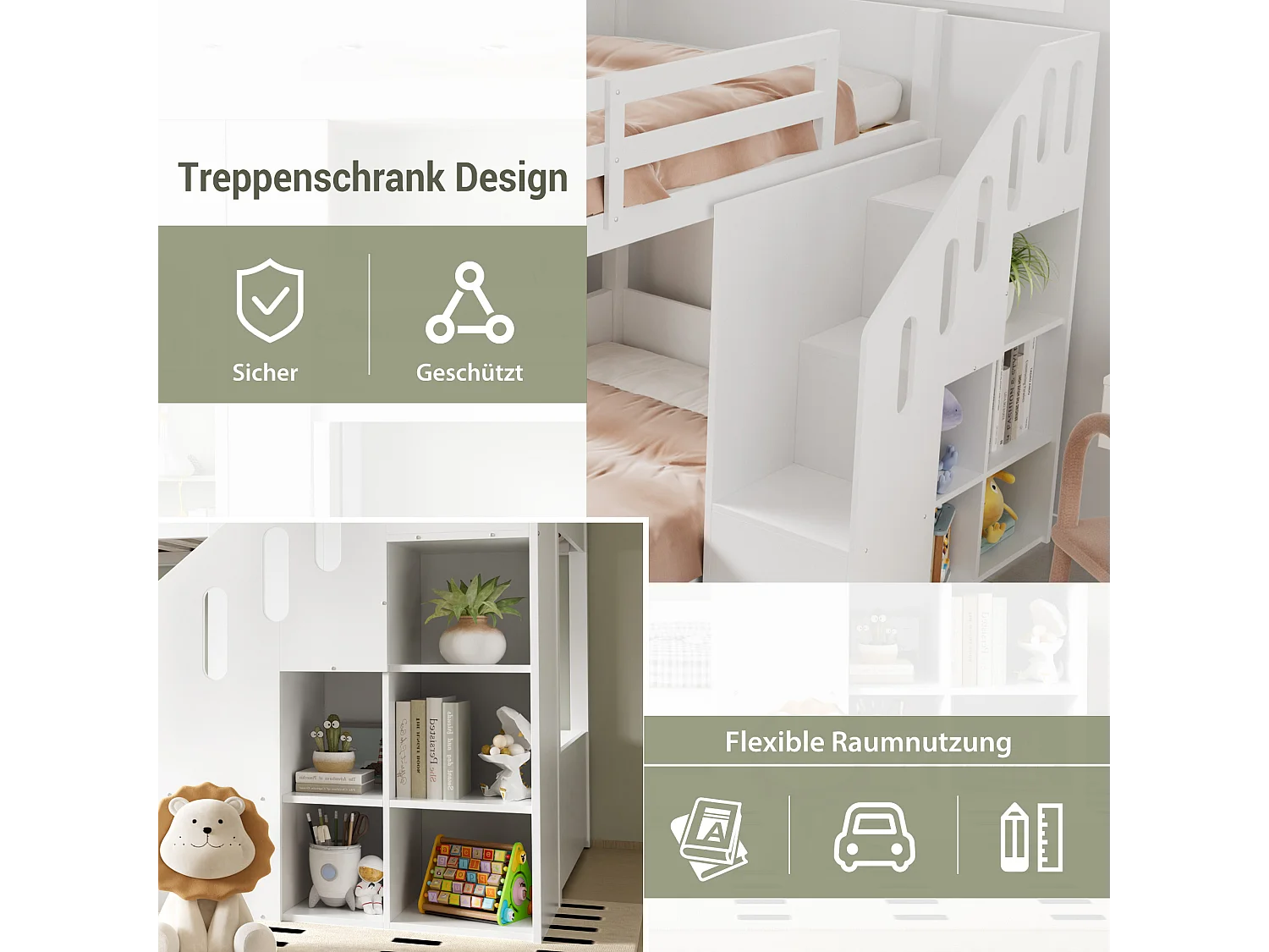 Litera infantil de madera maciza con escalera de almacenaje y barandillas de seguridad 90x200 blanca