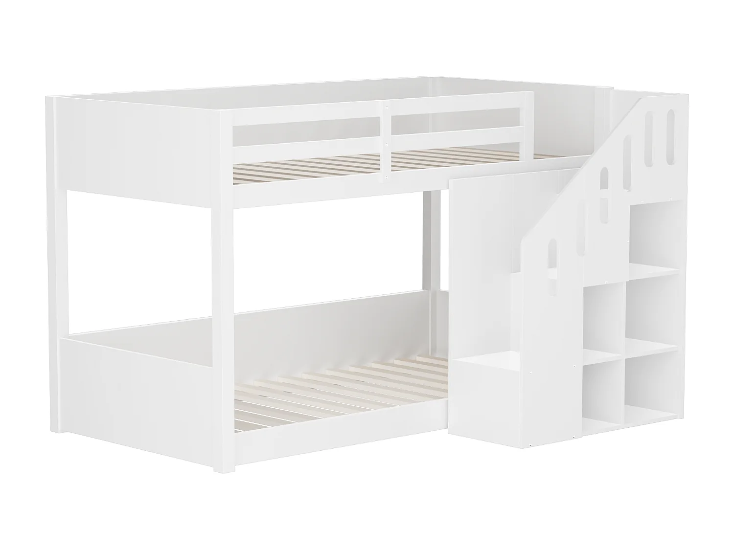 Litera infantil de madera maciza con escalera de almacenaje y barandillas de seguridad 90x200 blanca