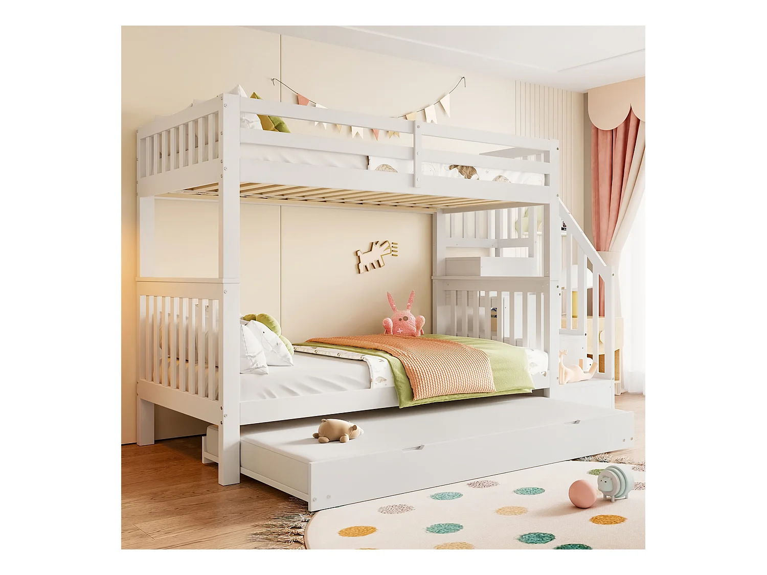 Litera de madera maciza de 90x200cm con cama nido y estantes en color blanco