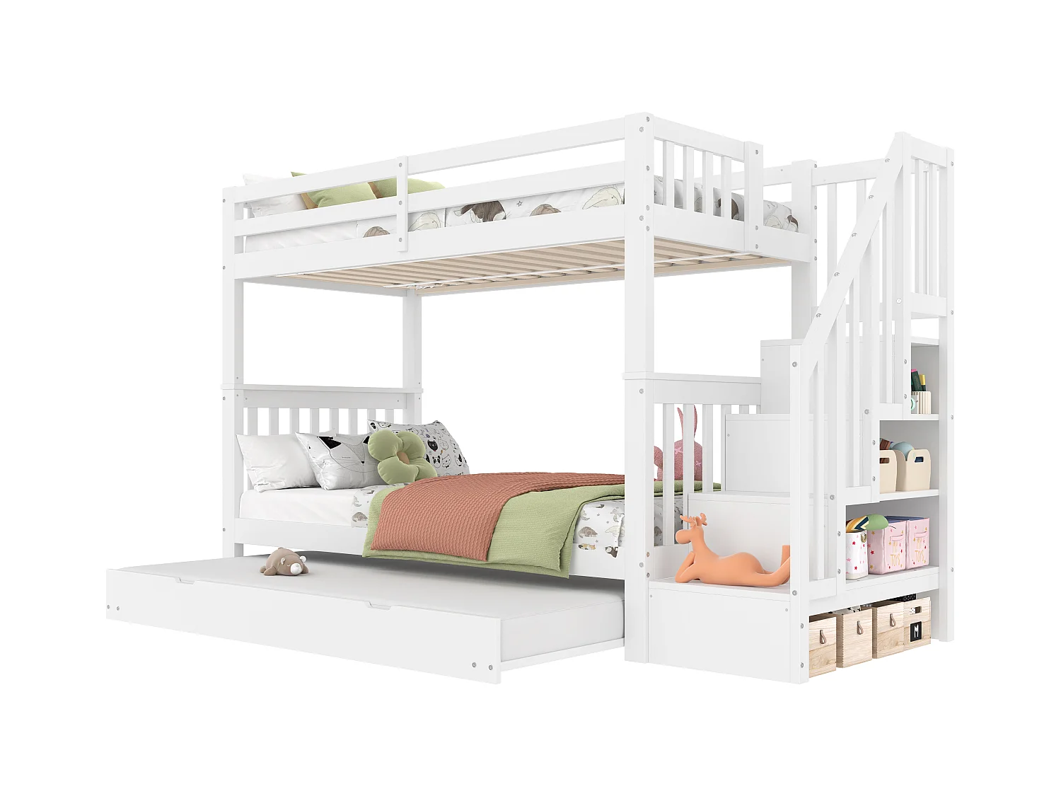 Litera de madera maciza de 90x200cm con cama nido y estantes en color blanco