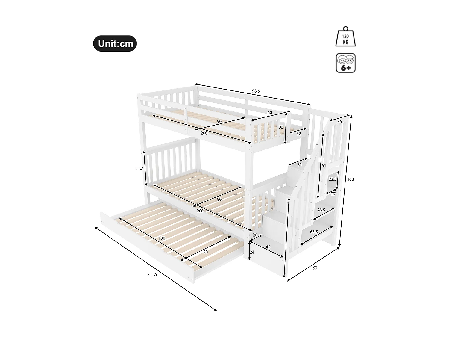 Litera de madera maciza de 90x200cm con cama nido y estantes en color blanco