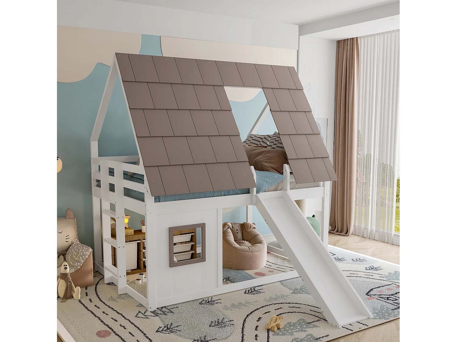 Lit superposé 140x200 bois massif maison avec toit toboggan et échelle blanc marron