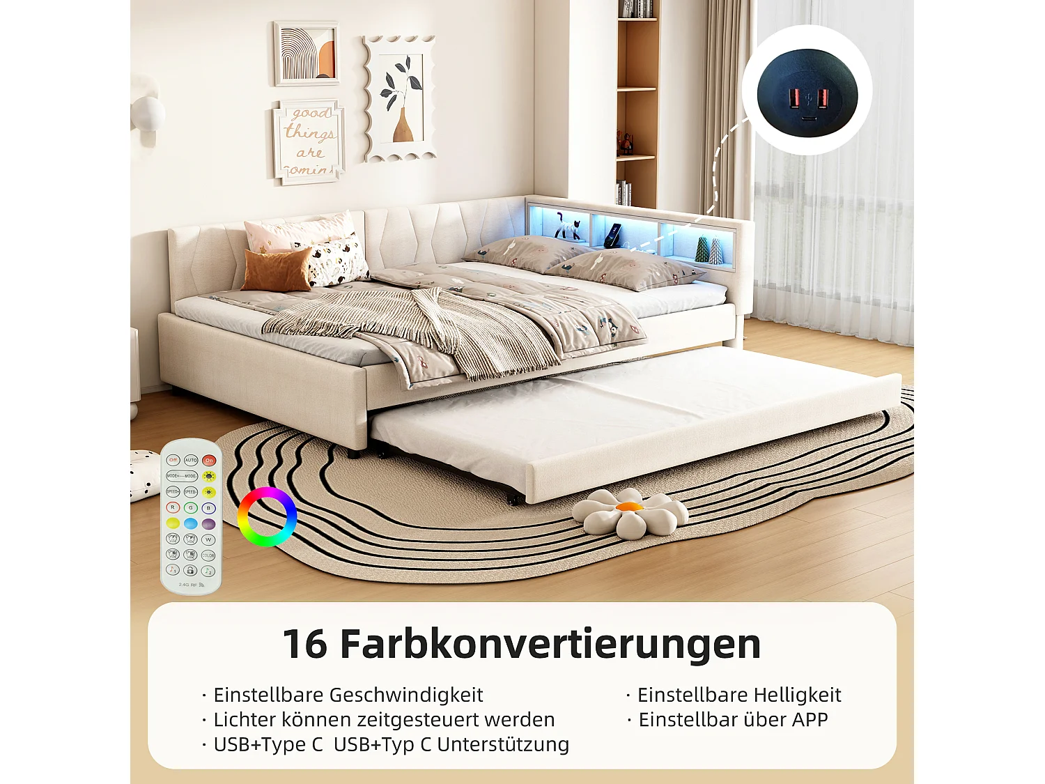 Sofá-cama 140x200cm em linho bege com LED com controle remoto, USB/Tipo C e cama dobrável