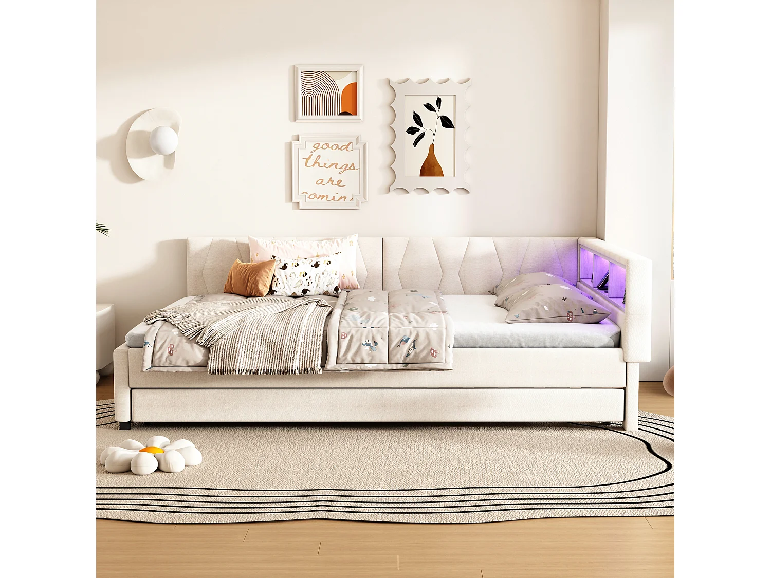 Sofá-cama 140x200cm em linho bege com LED com controle remoto, USB/Tipo C e cama dobrável