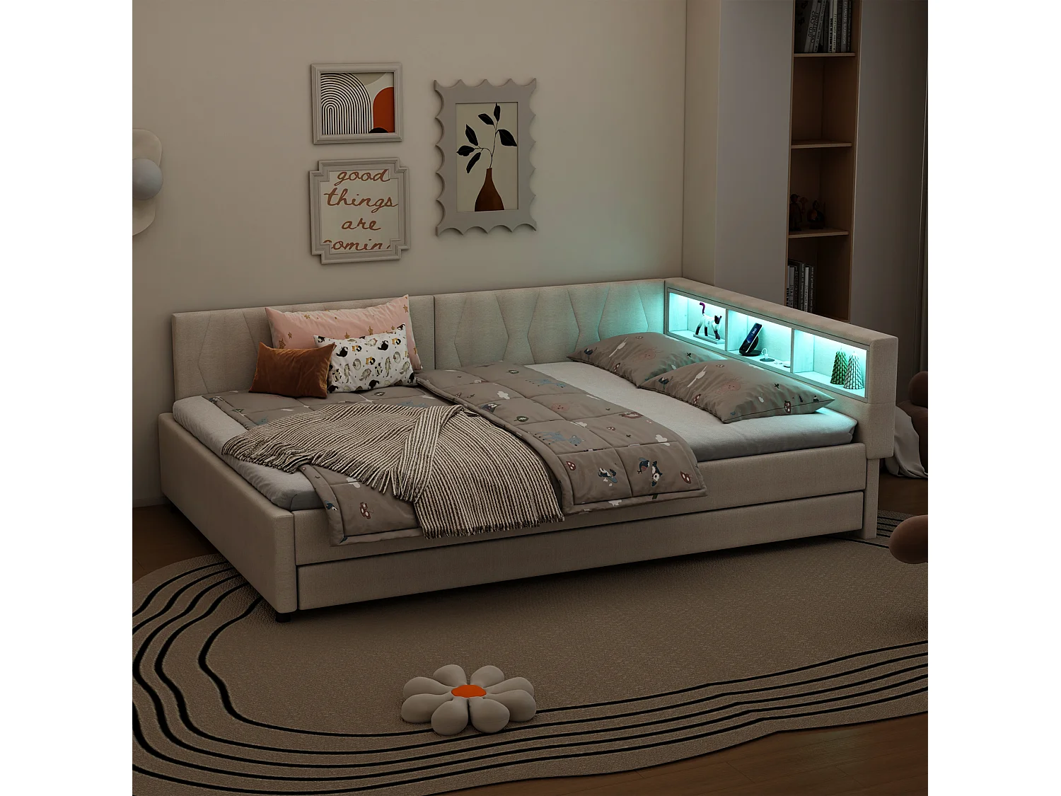 Sofá-cama 140x200cm em linho bege com LED com controle remoto, USB/Tipo C e cama dobrável