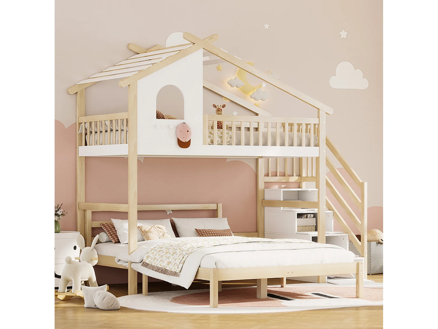 Lit superposé bois pin 90x200 + 140x200 enfants avec rangement blanc/nature