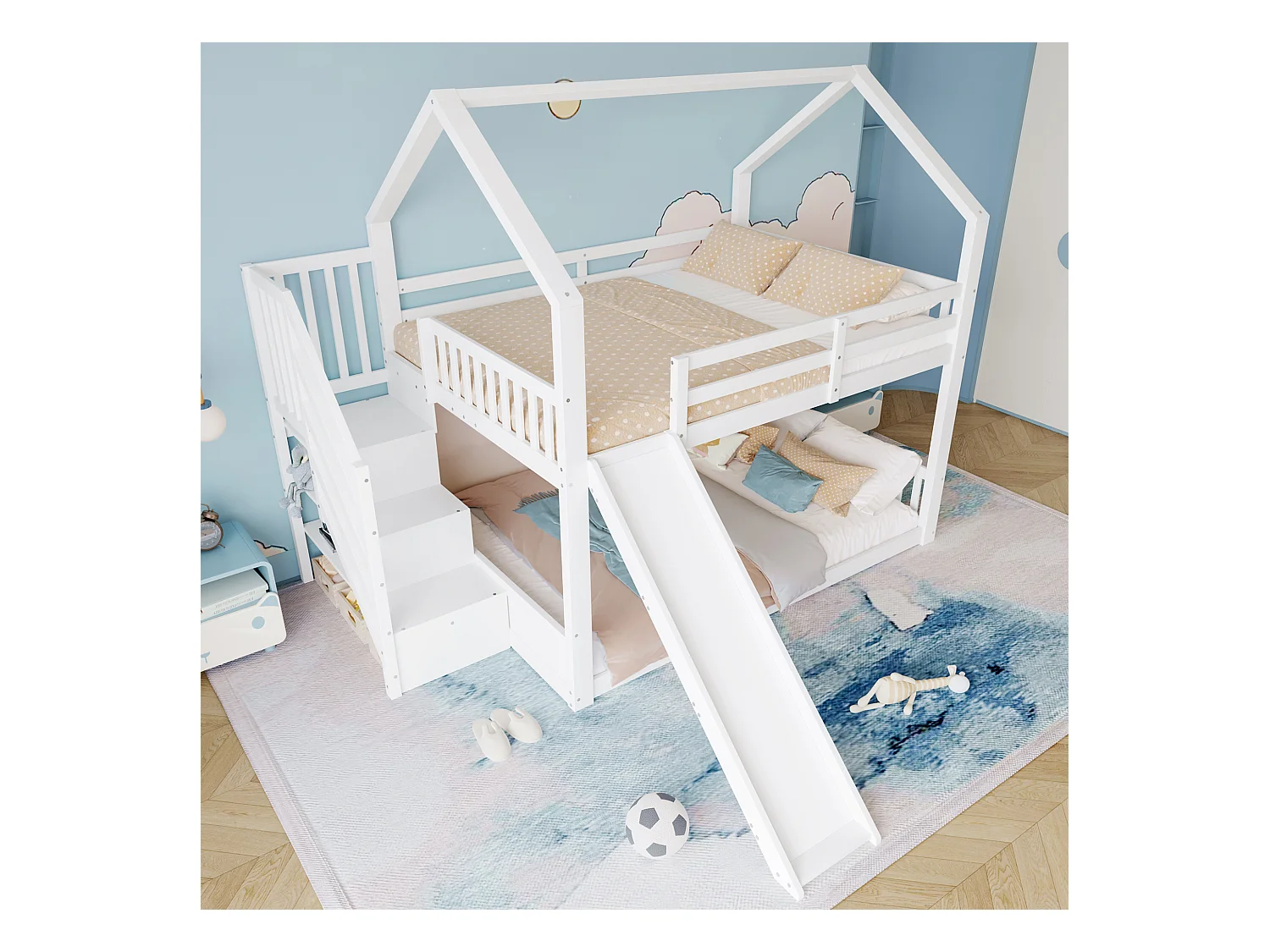 Lit superposé 140x200 bois avec toboggan escalier rangement enfants/adolescents blanc