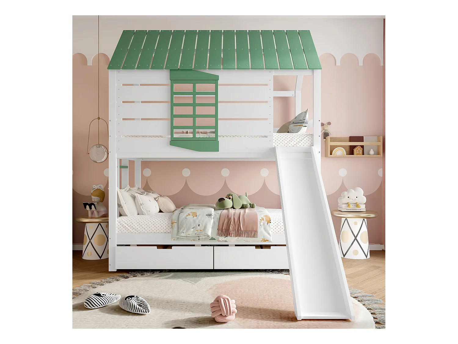 Lit superposé 90x200 bois massif avec toboggan rangements maison blanc vert