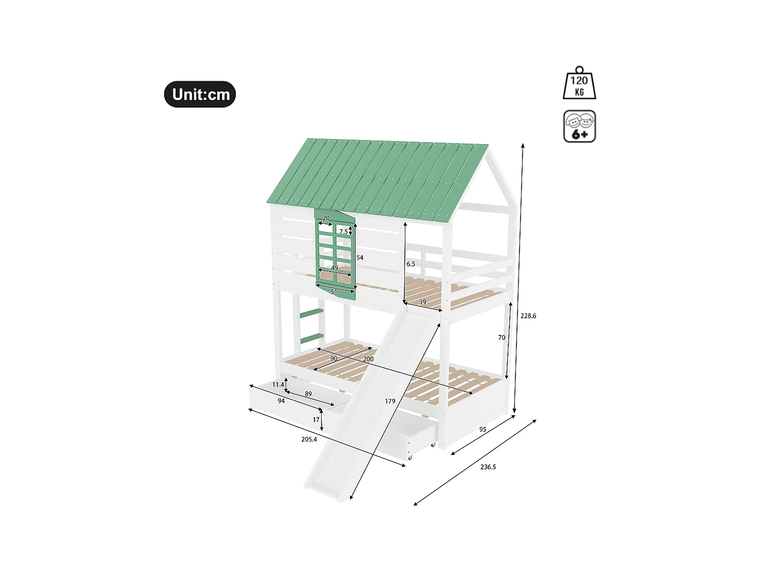 Lit superposé 90x200 bois massif avec toboggan rangements maison blanc vert