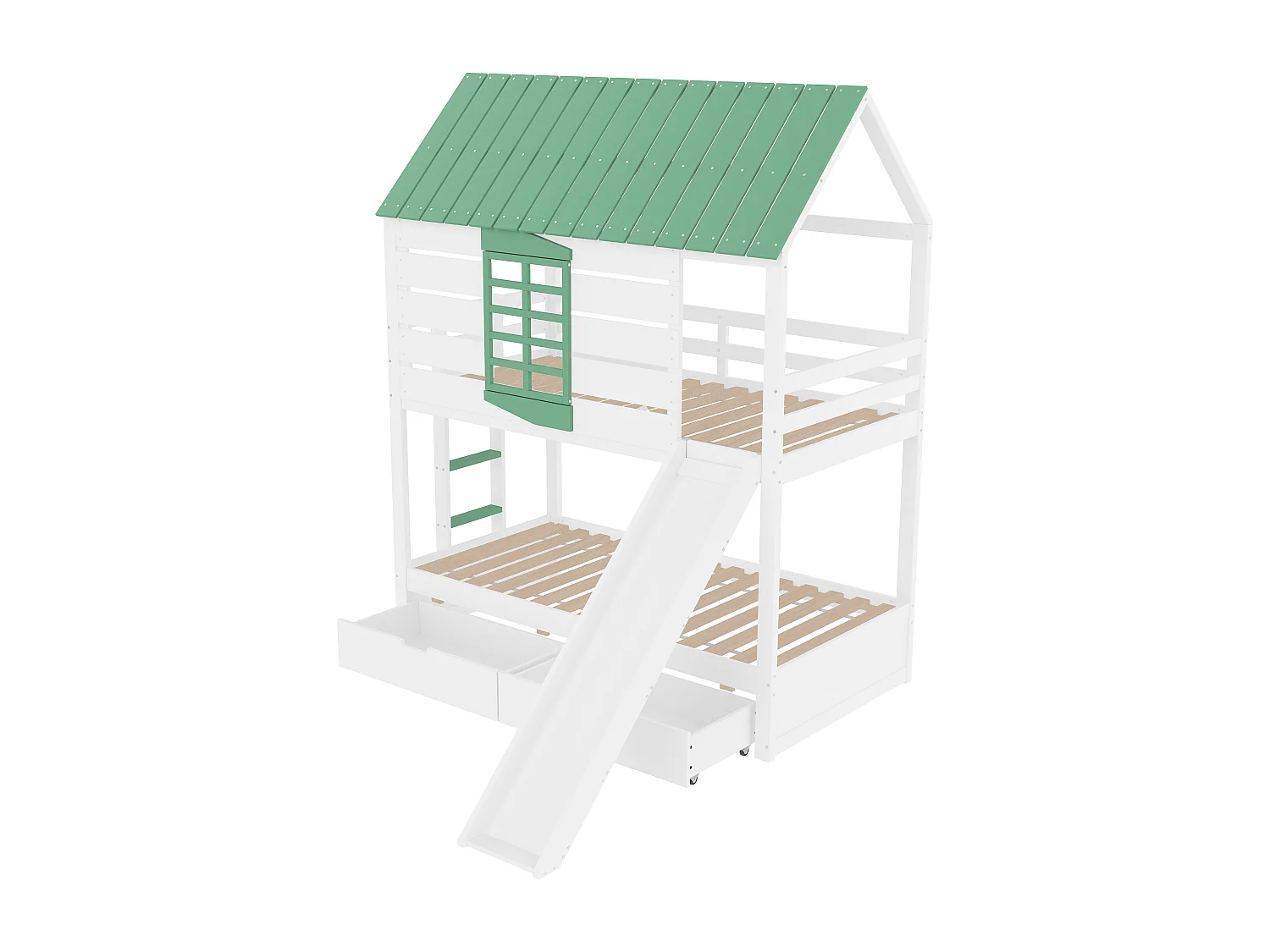 Lit superposé 90x200 bois massif avec toboggan rangements maison blanc vert