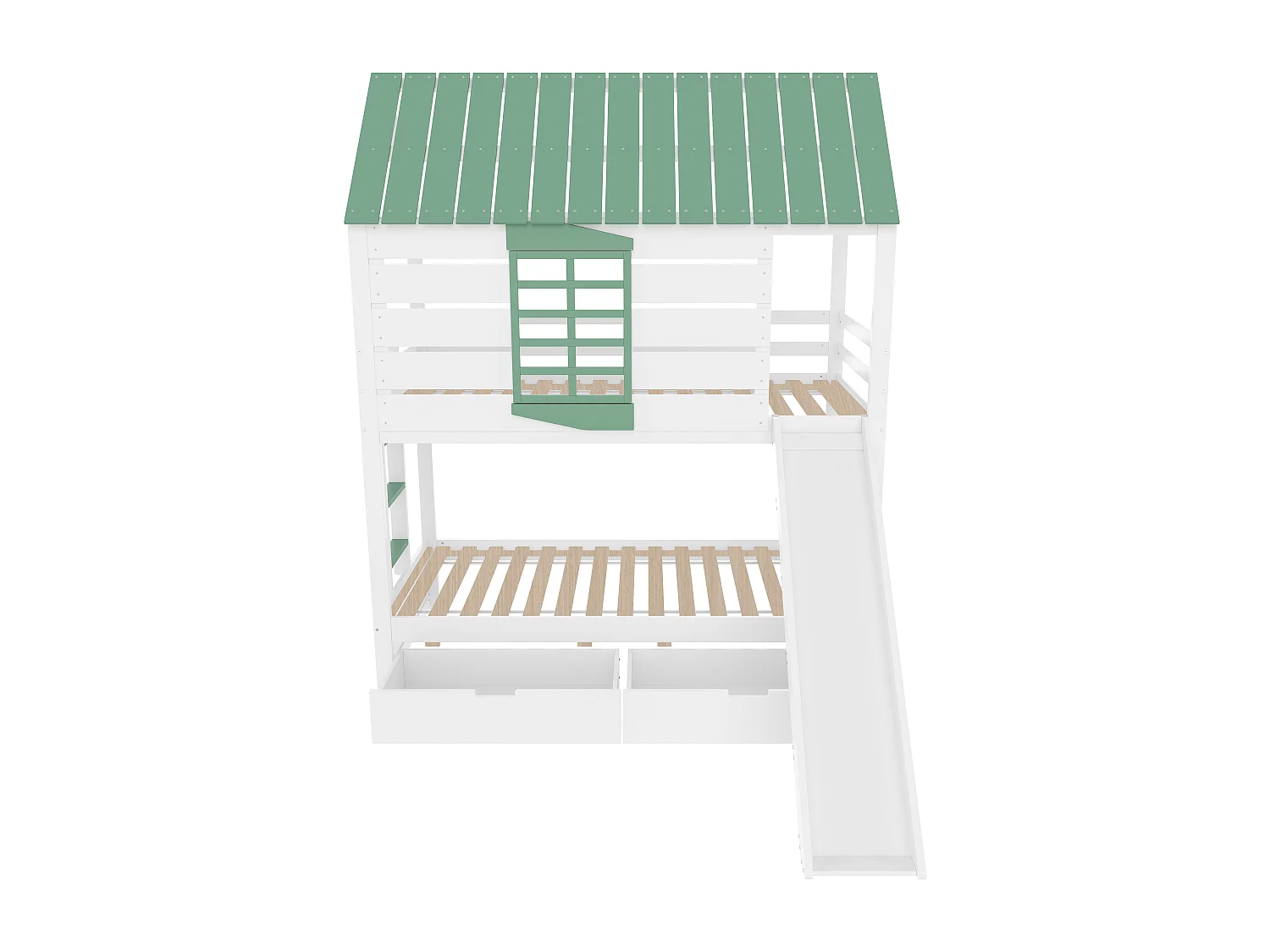 Lit superposé 90x200 bois massif avec toboggan rangements maison blanc vert