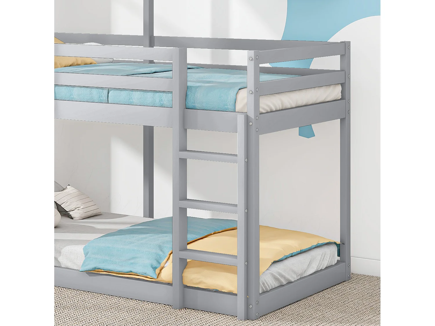 Beliche infantil 90×200 cm em madeira maciça com escada e dossel, cinza