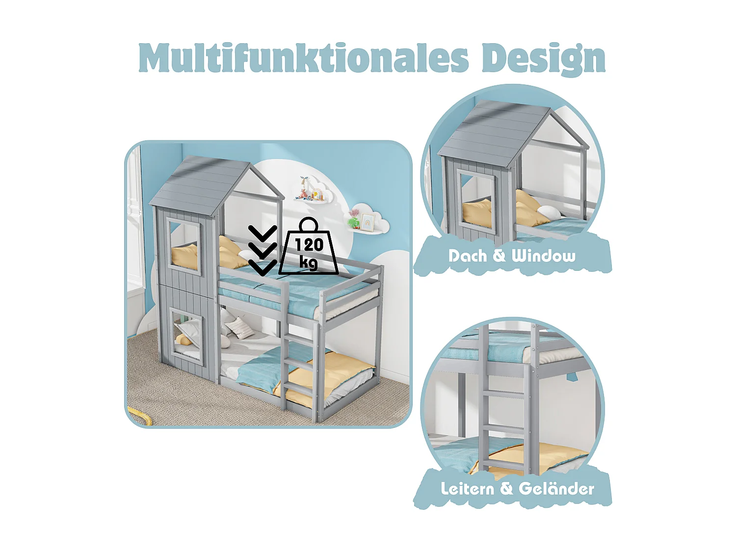 Litera infantil de 90×200 cm de madera maciza con escalera y dosel, color gris