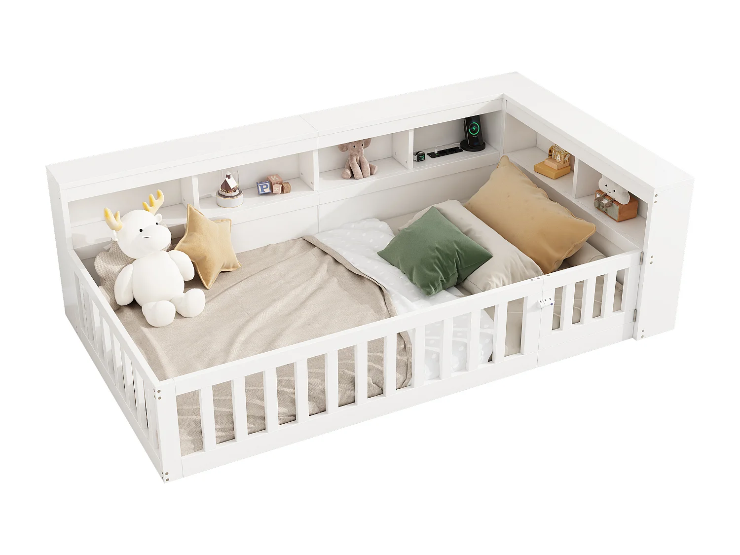 Panca illuminata 90x200 cm in MDF con disposizione laterale, cassetti, sommier, premio e USB, bianca