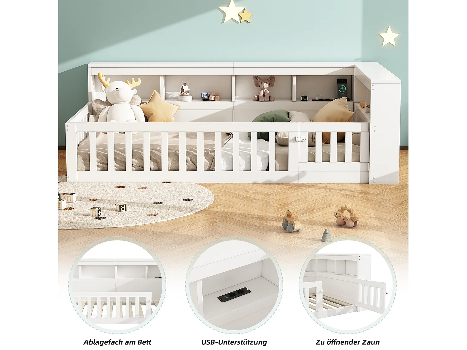 Panca illuminata 90x200 cm in MDF con disposizione laterale, cassetti, sommier, premio e USB, bianca