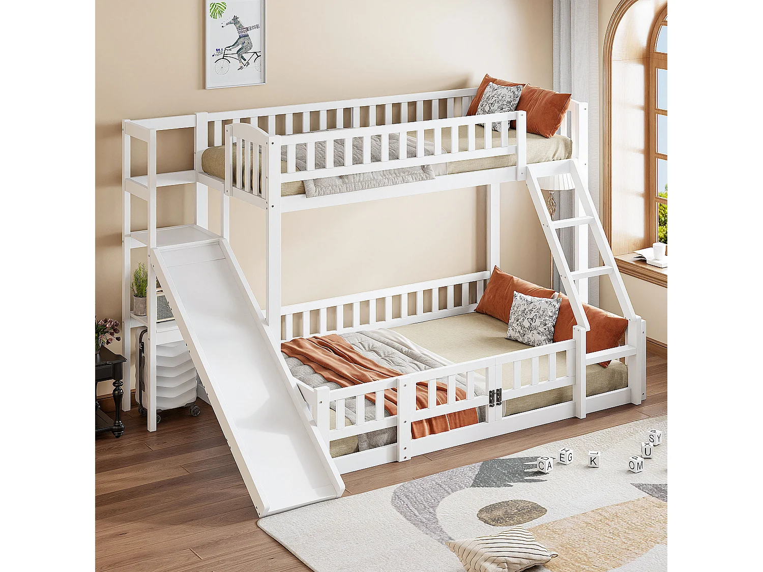 Litera infantil de madera 90x200 140x200 con estantes deslizantes y seguros en color blanco