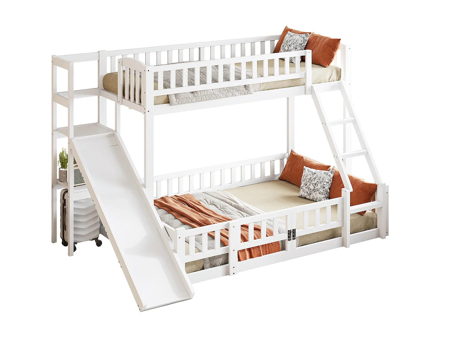 Litera infantil de madera 90x200 140x200 con estantes deslizantes y seguros en color blanco