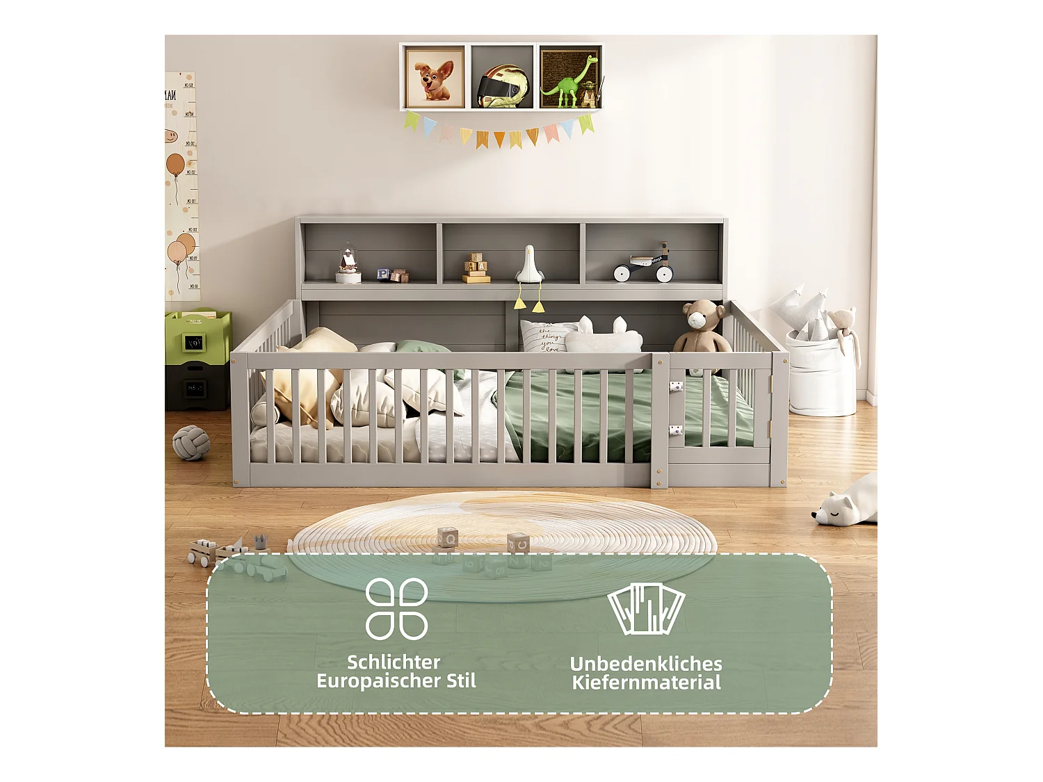 Sofá-cama infantil 140x200 cm madeira com arrumação e guarda-corpo cinzento